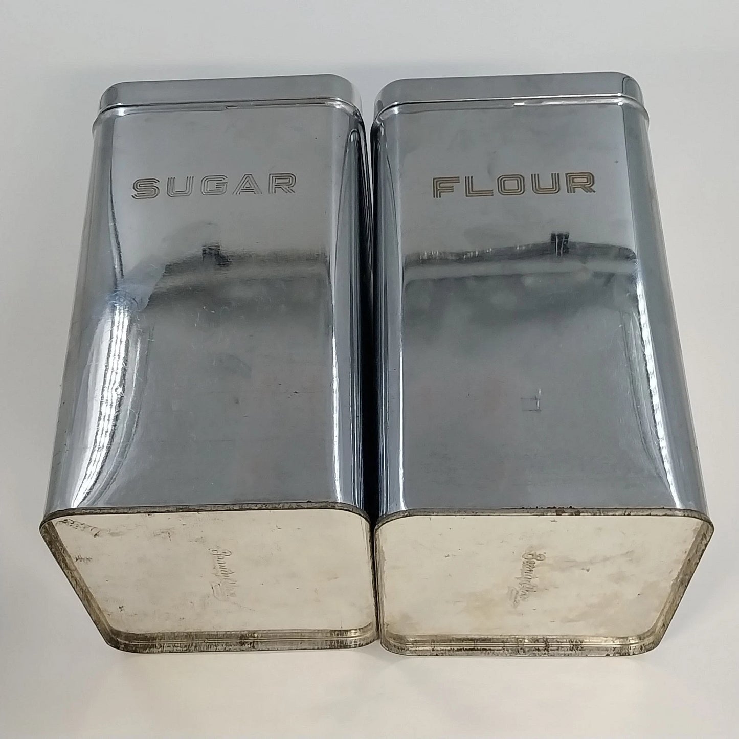 Beautyware Flour Sugar Canister Set Chrome Metal 2-Piece 9" Vintage