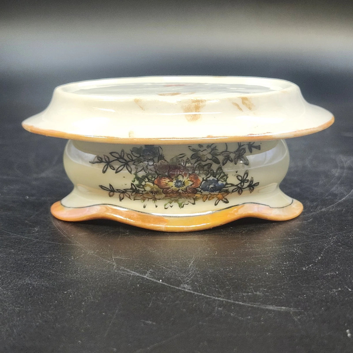 Porcelain Gravy Boat w Underplate 4.5" Floral Cream Orange Gold Trim Japan