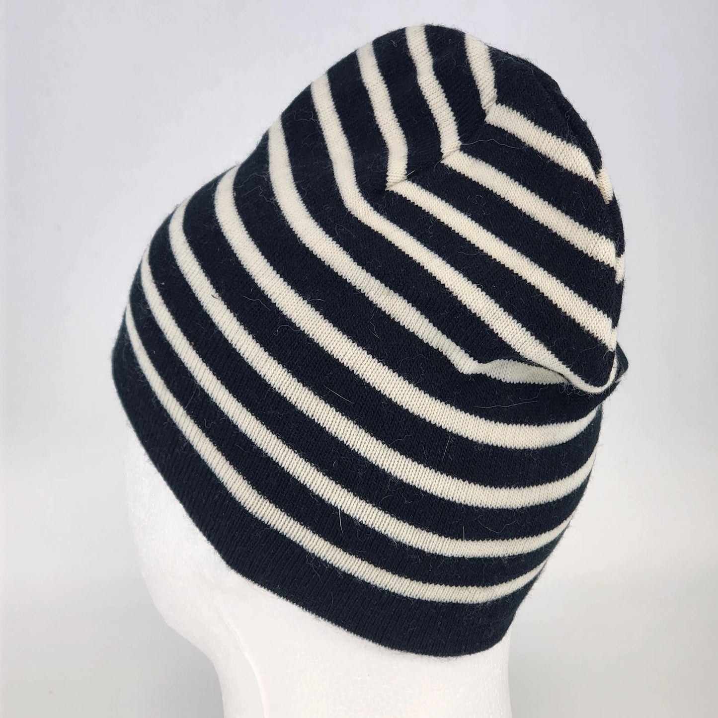 Black White Striped Knit Beanie Hat One Size Unisex Handcrafted Style Winter Cap