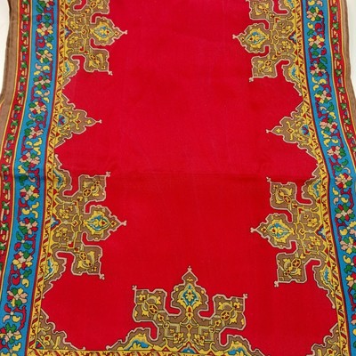 Oscar de la Renta Vintage Silk Red Scarf 10"x50" Blue Geometric Arabesque Signed