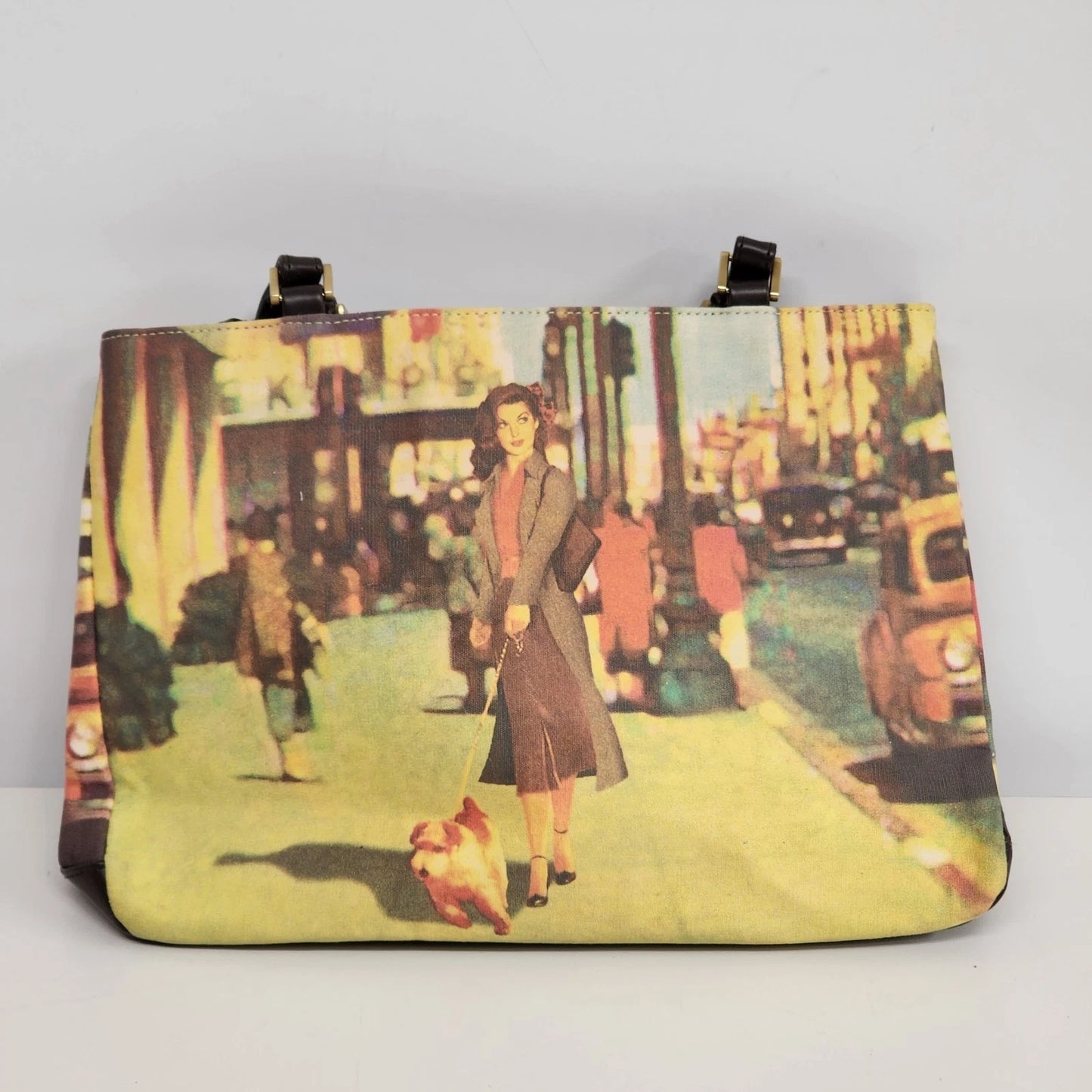 Artisan Canvas and Leather Tote Bag Lady on Boardwalk Graphic Art Purse Unique