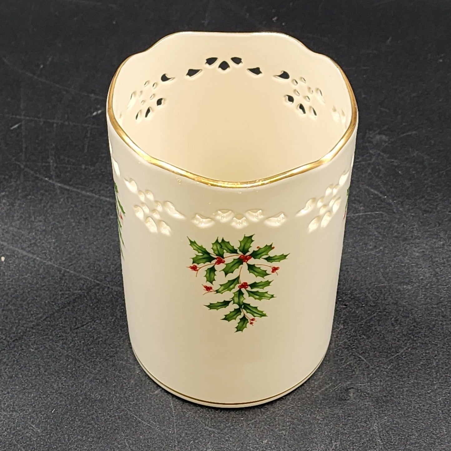 Lenox Pierced Holly Votive Candle Holder Vase Holiday Dimension Ivory Porcelain