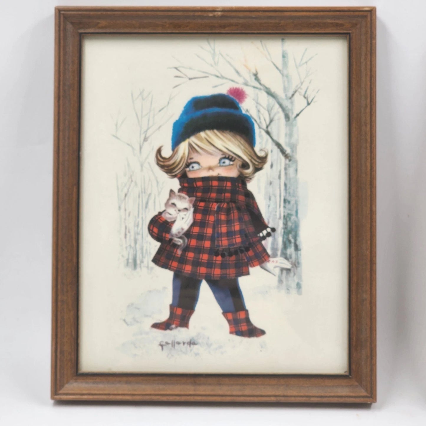 2 Fallarda Gallarda Big Eye Prints Pair 1960's Fall & Winter Framed Kitsch Art
