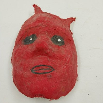 Papier Mache Scary Creepy Face Red Mask w Two Horn Wall Art Hand Painted