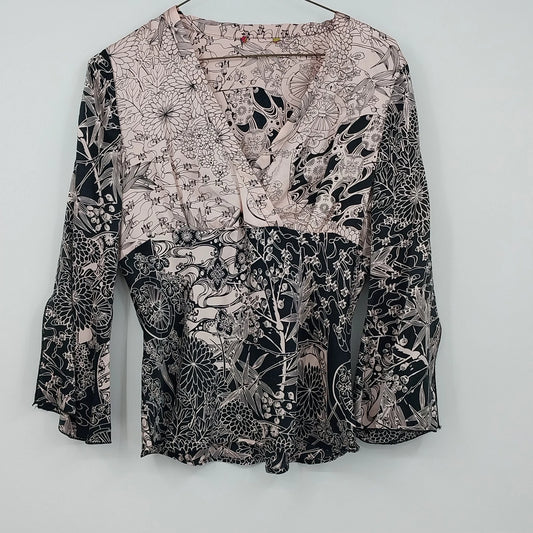 Women's Floral Blouse Black White Layered V Neck Long Sleeve Top Small