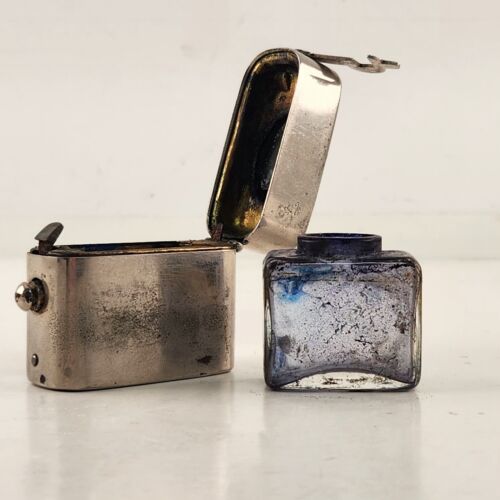 Stainless Travel Pocket Inkwell with Bottle Vintage Latch Lock Glass Bottle 2"