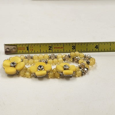 Yellow Faux Pearl & Flower Disc w Rhinestone Motif Double Strand Bracelet 3.75"