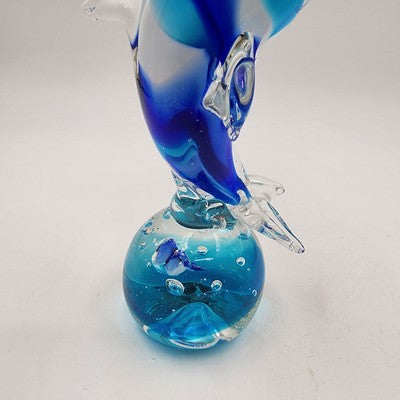 Art Glass Dolphin Figurine Leaping Over Cobalt Blue Ball 7" Paperweight