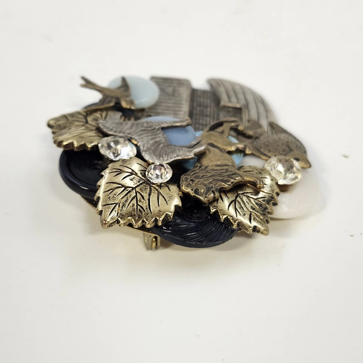 Assemblage Brooch Noah's Ark Zebra Lion Bird Fish Rhinestones Vintage Style 2"