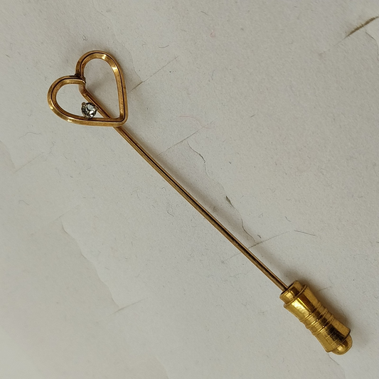Gold Tone Heart Shaped Stick Pin Brooch 2" with Clear Rhinestone Accent