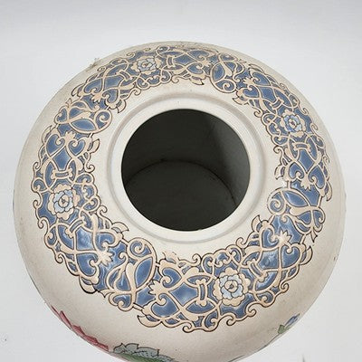 Large Macau Ginger Jar Vase 8"x9.5" Hand Painted Pink Blue Floral White VTG