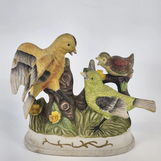 Lefton Ceramic Bird Family Figurine Yellow Green & Baby Bird on Log 7" Taiwan