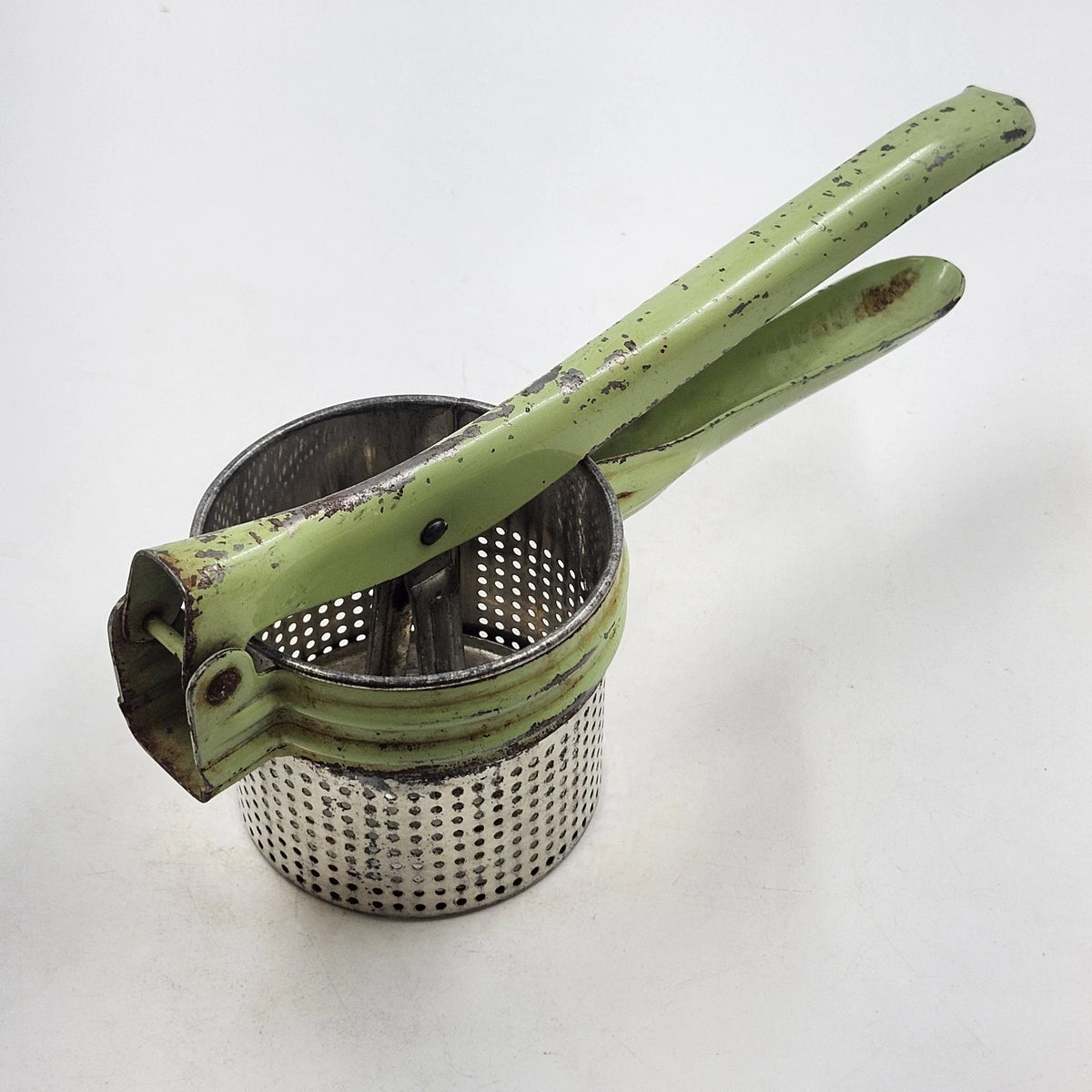 Green Metal Potato Ricer Masher Press 11.5 in Rustic Farmhouse Kitchen Vintage