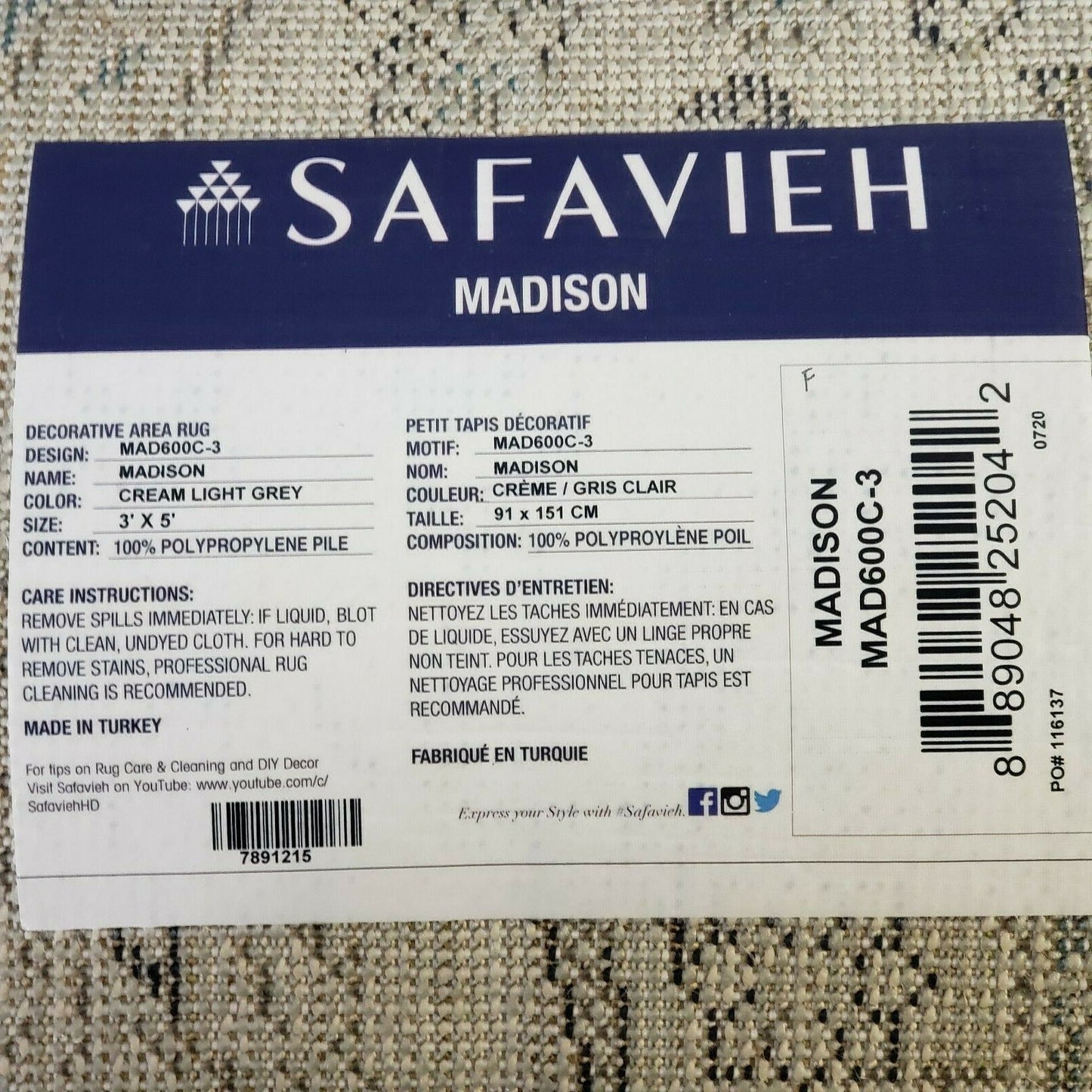 Safavieh Madison Area Rug 3'x5' Blue Grey Cream Decorative Accent MAD600C-3 New
