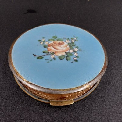 Zell 5th Ave Rotary Club Compact Mirror Powder Puff Floral & Guilloché Enamel