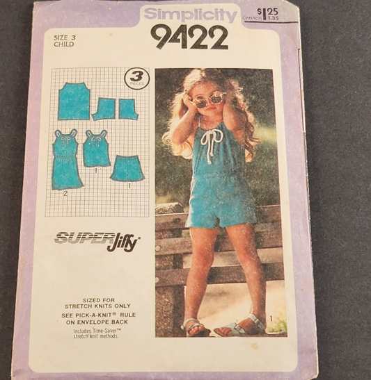 Simplicity 9422 Vintage Sewing Pattern 1980 Child Girls Super Jiffy Dress Size 3