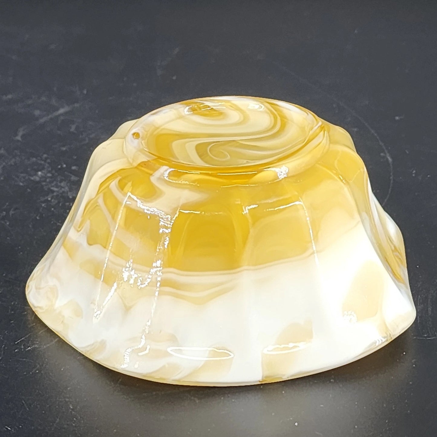 Akro Agate Caramel Slag Glass Bowl Scalloped Paneled Swirl