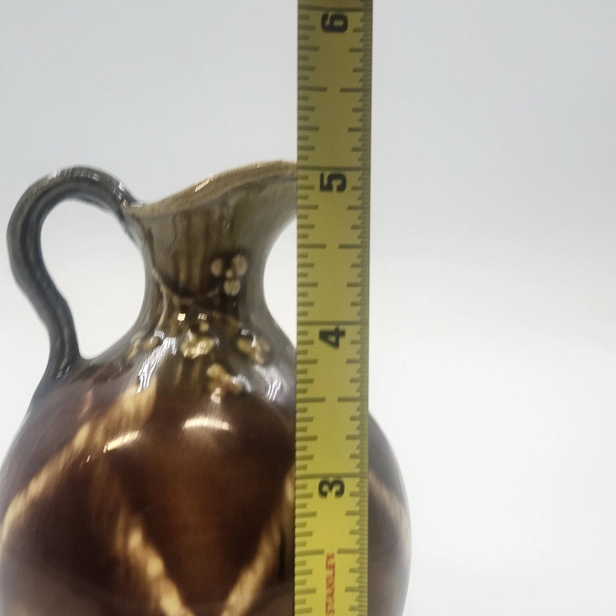 Pottery Pitcher 5" Brown Drip Glaze Hand Applied Floral Art Signed G. Wyand Vtg