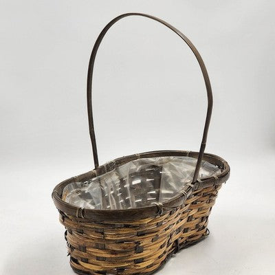 Peanut Shaped Handwoven Wicker Storage Basket w Handle & Plastic Liner 14"x15"