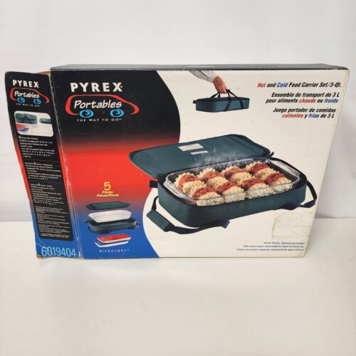 PYREX Portable 5 Piece 3 Qt Glass Bakeware Carrier Set Cover Bag Hot & Cold Pack