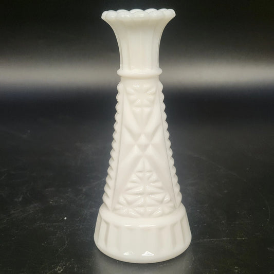 Anchor Hocking Stars & Bars Milk Glass Bud Vase 6" Scalloped Rim Vintage