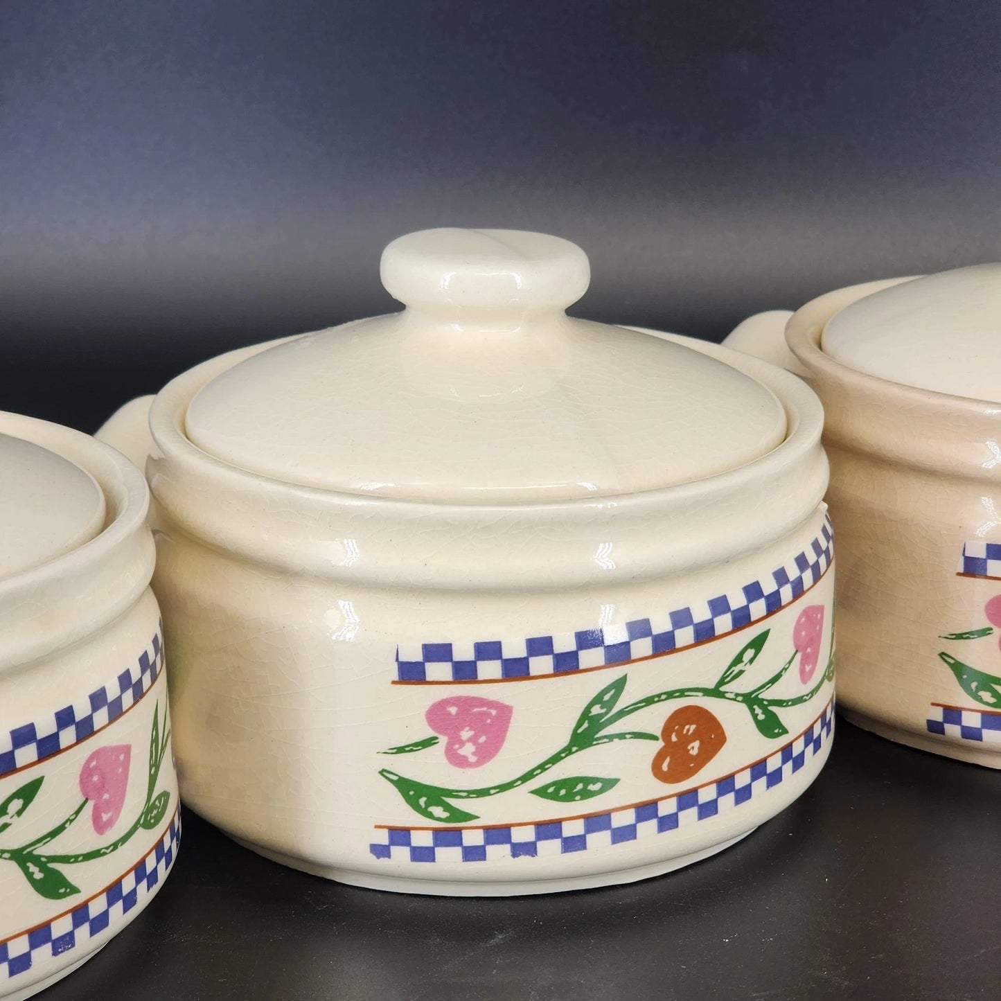 3 Trendition Hearts Delight Simmer Pots Ceramic Country Heart w Lids Crazed Vtg