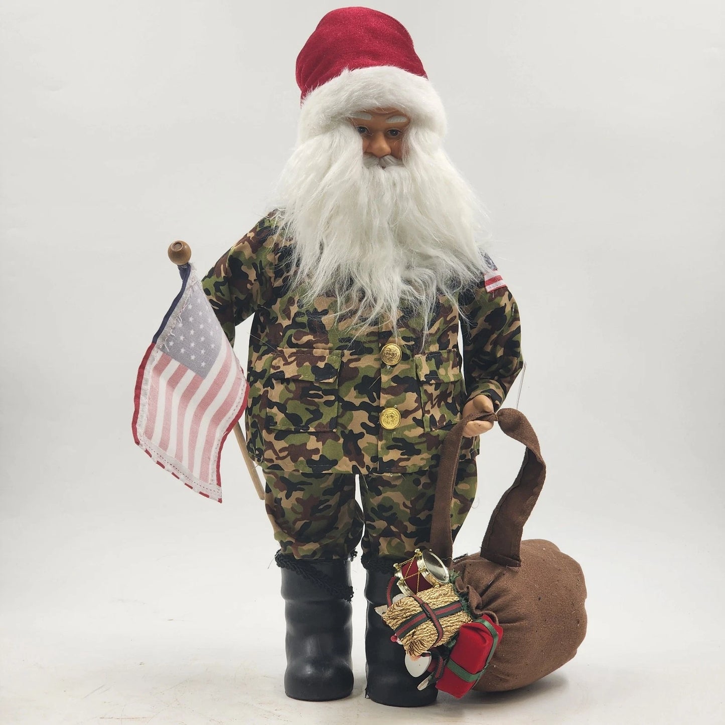 Camouflage Santa Claus Tabletop Figurine 19" Christmas US Flag Bag of Gifts NWT