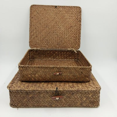 2 Seagrass Wicker Storage Baskets w/ Lids Flat Organizer Home Decor 13x11x3