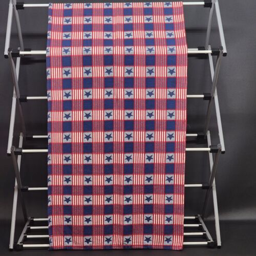 Red White and Blue with Stars Linen Table Runner Vintage July 4th Themed 92"x20"