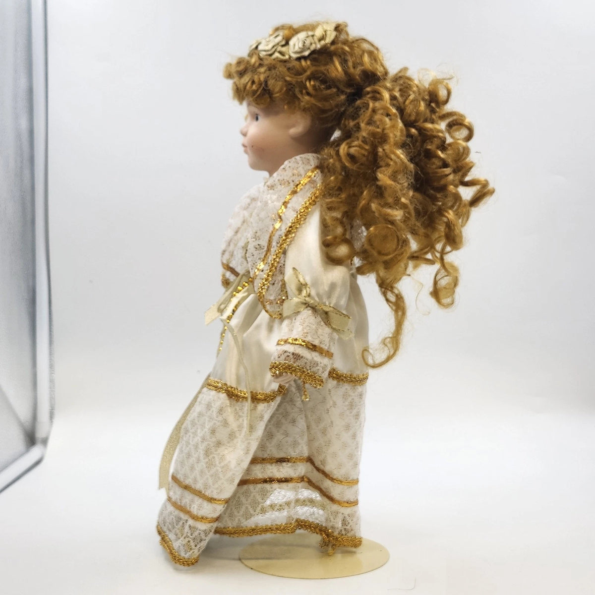 Porcelain Victorian Lady Doll Auburn Curls Cream Gold Dress 16" Vintage Taiwan
