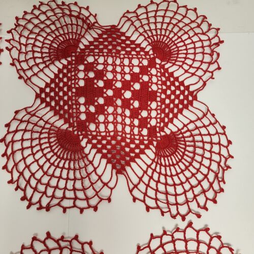 4 Red Square Doily 16" Crochet Lace Butterfly Rounded Valentine BOHO Table Scarf