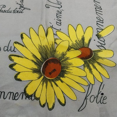 French Daisy Print Silk Scarf 17" Square Grey Yellow Brown Floral Design Vintage