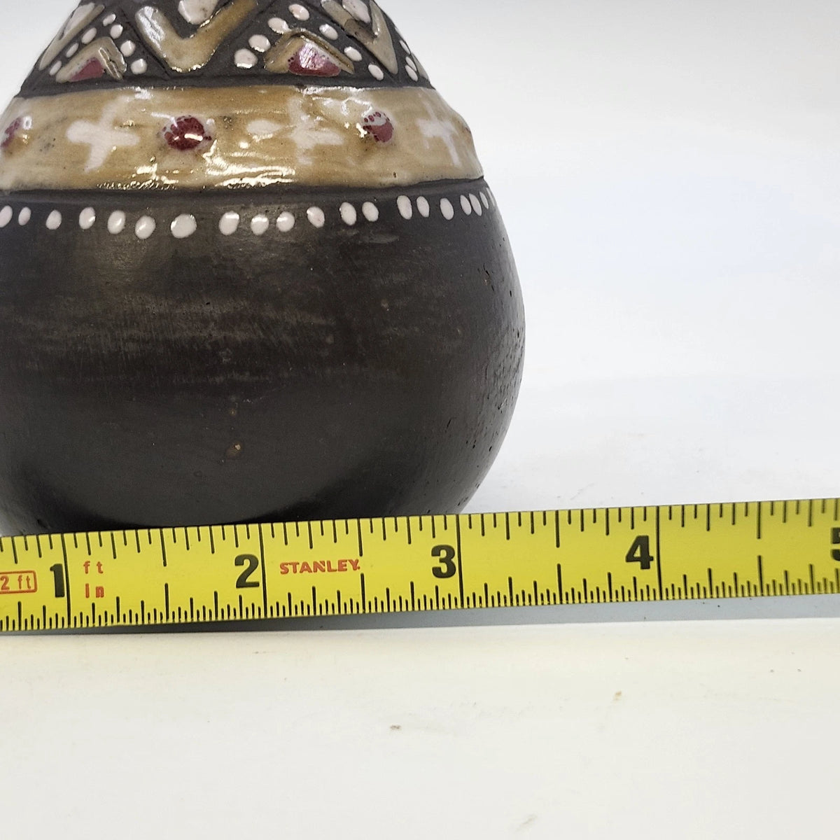 Ukrainian Art Pottery Pitcher Black Red Tan Raised Geometric Elongated Spout Vtg