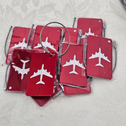 Red Metal 10 Pack Traveler Aluminum Luggage Tags Airplane 3" Cable Loop Lock NOS