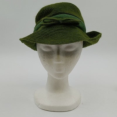 Olive Green Cloche Ribbed Bucket Hat with Ribbon 4.5" x 9.25" Wool Blend Vintage