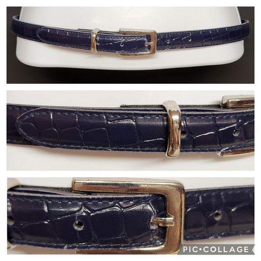 Woman's Size 6 Navy Blue Belt With Snakeskin Pattern And Gold Tone Buckle 34"