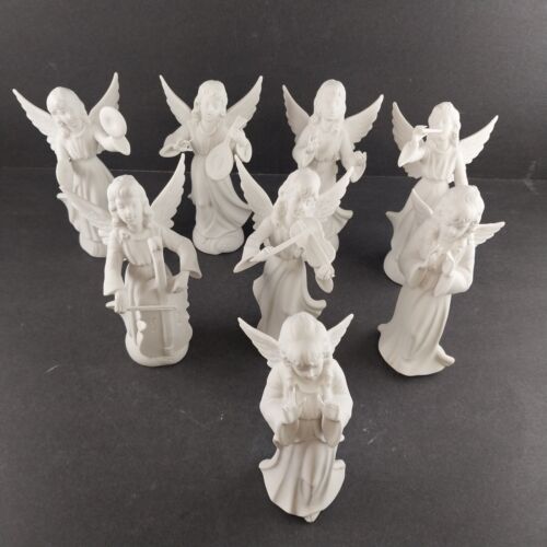 Set of 8 Crown D Angel Musicians Porcelain Bisque Figurines Dresden Germany Vtg