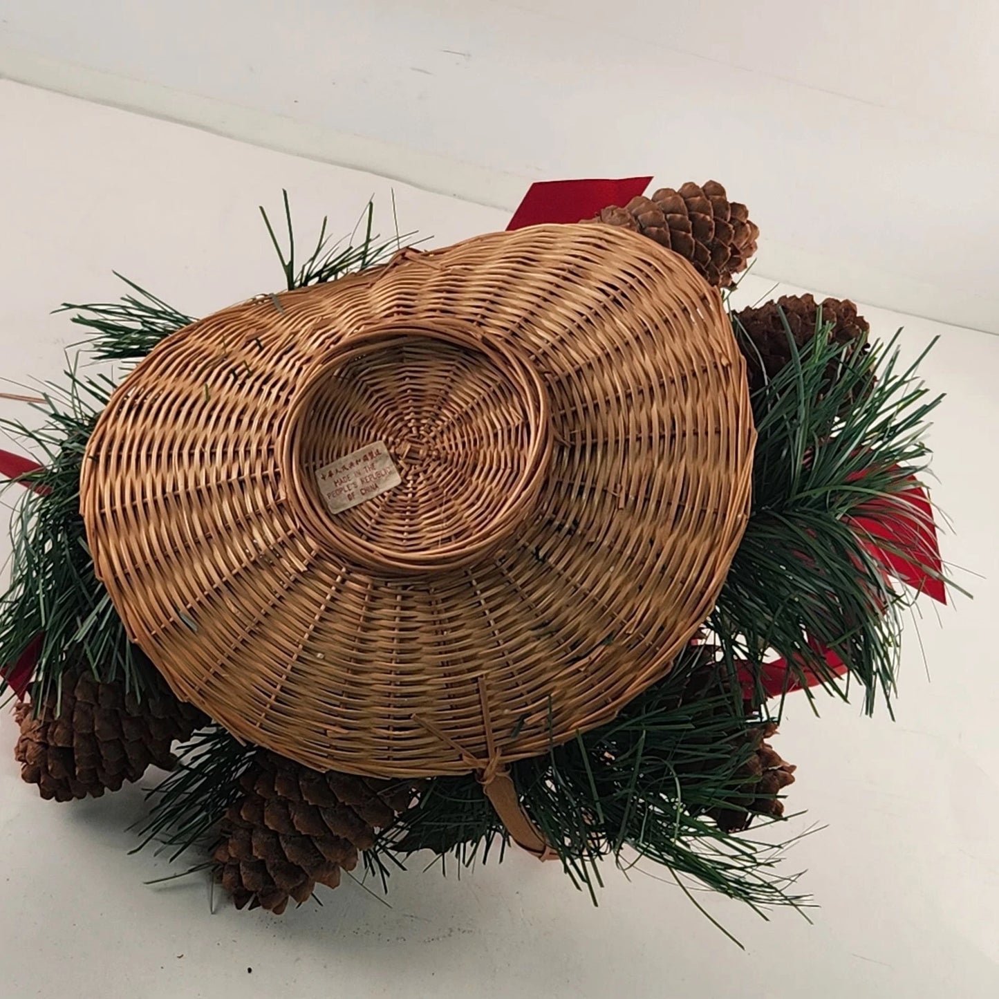 Christmas Basket Wicker Centerpiece Pinecones Holly Berries Greenery 8" China