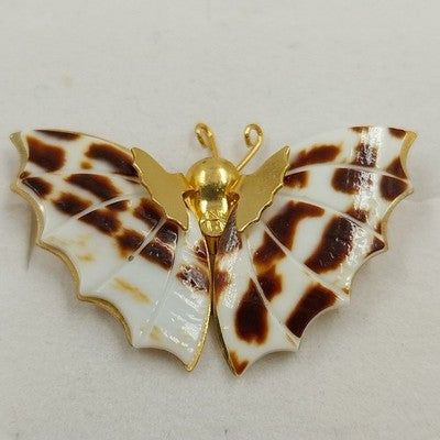 Gold Tone Butterfly Brooch Pin with White Brown Shell Wings Vintage From Taiwan