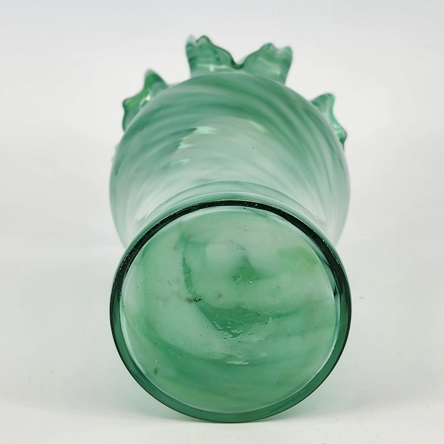 Green Art Glass Vase White Swirl Ruffled Scalloped Top Edge Hand Blown 9" Tall