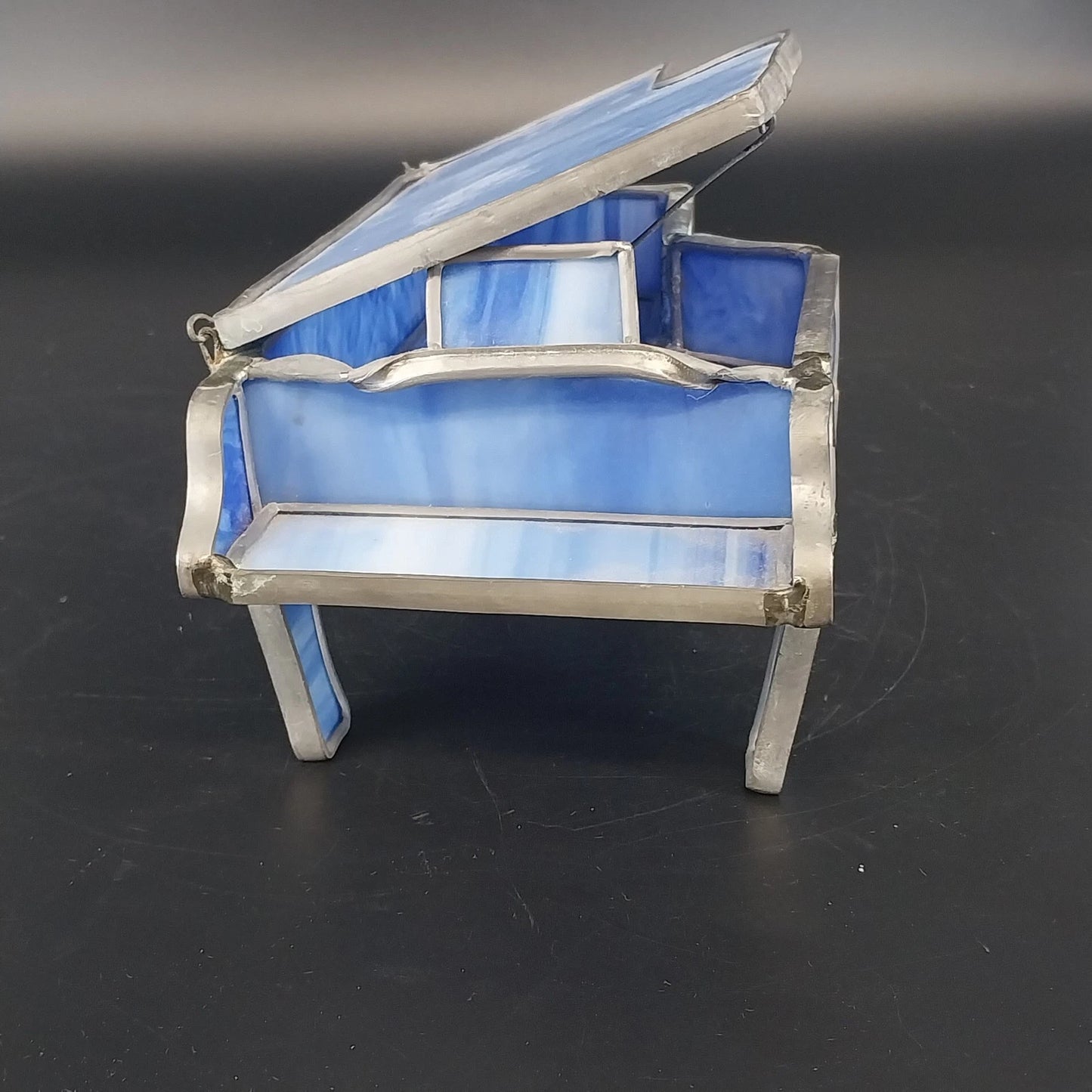 Blue Marbled Stained Glass Grand Piano Trinket Jewelry Box Metal Frame 7" Vtg
