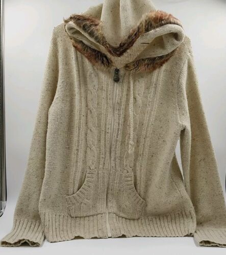 Relativity Women’s Sweater Size XL Beige with Brown Accents Fur Hood Zip Front