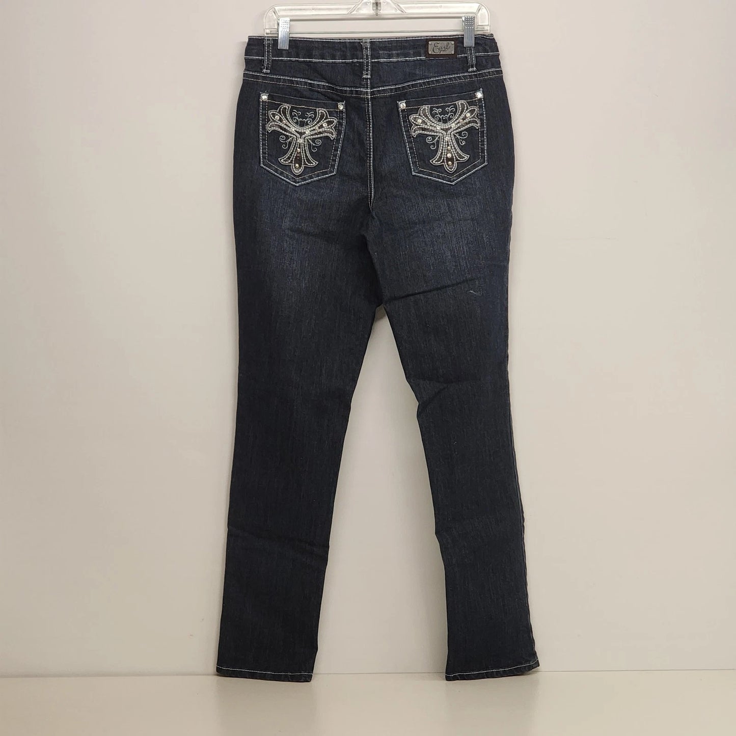 Earl Jean Women's Denim Jeans Dark Blue Bedazzled Rhinestone Pockets Inseam 31"
