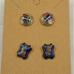 Set of 2 Gold Tone Cloisonné Stud Earrings Blue Floral & Butterfly