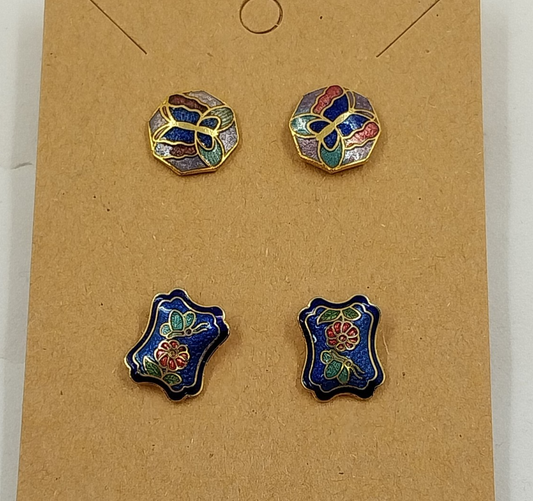 Set of 2 Gold Tone Cloisonné Stud Earrings Blue Floral & Butterfly
