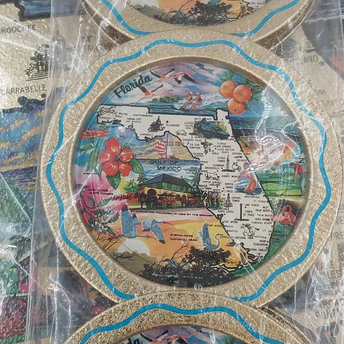 Florida Map Metal Serving Tray 11" with 6 Coasters Wall Plaque 3.5" NOS Souvenir