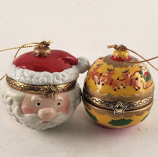 2 Hinged Trinket Box Ornaments Porcelain Santa Head & Reindeer Sleigh Christmas