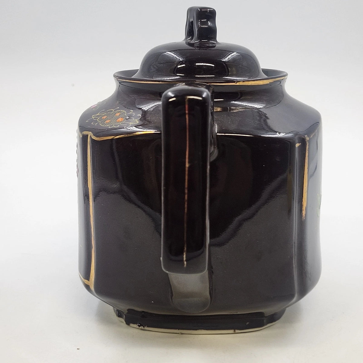 Japan Brown Ceramic Teapot Hand Painted Asian Landscape Gold Trim 6"h Lid Handle
