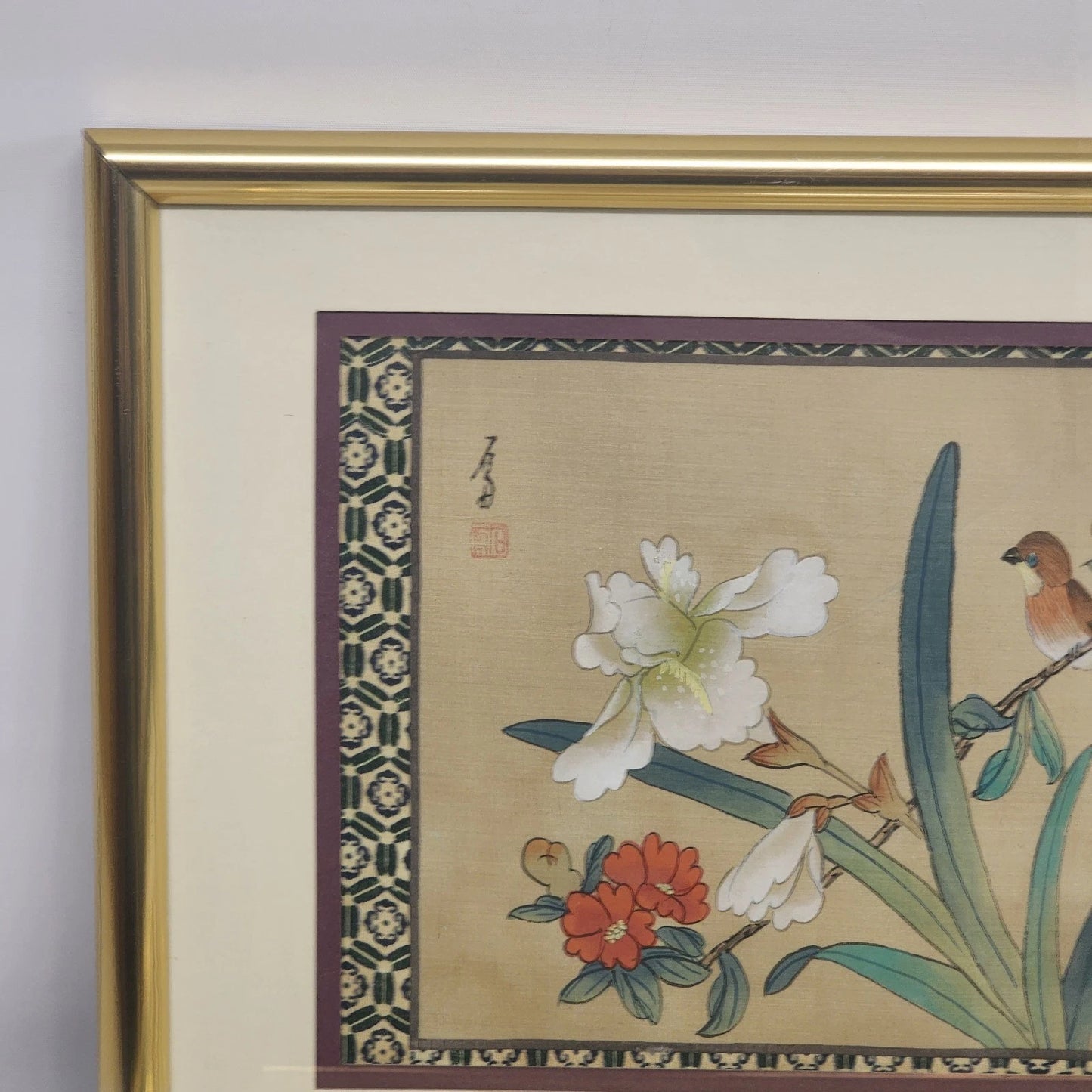 Pair Chinese Silk Paintings Birds Flowers Gold Frame 14x11 Vintage Wall Art