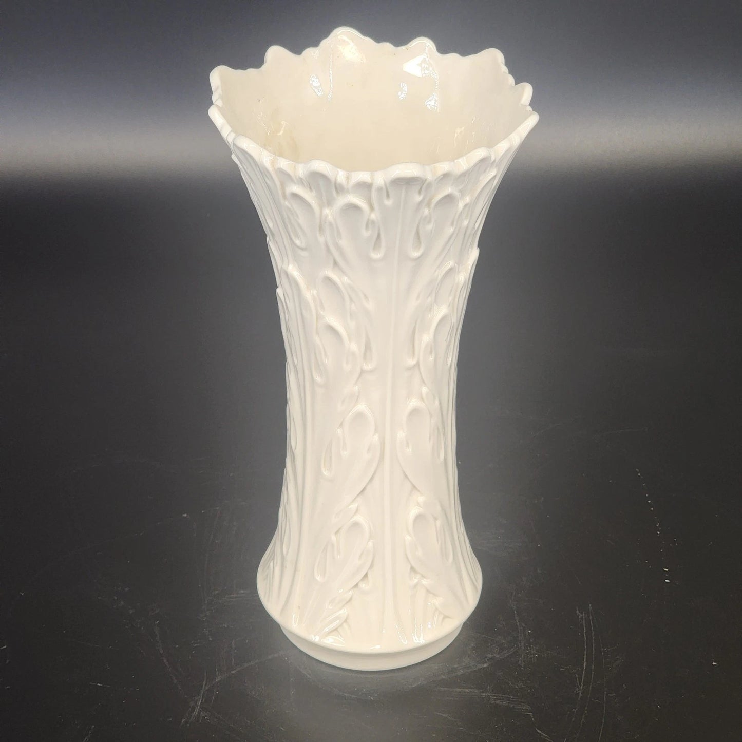 Lenox Woodland Vase White Porcelain Embossed Leaf Design 8.5" Ruffled Edge USA